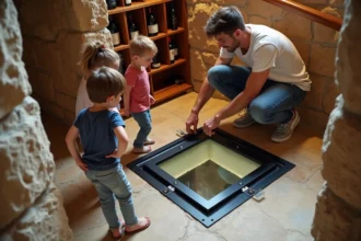 Trappe en verre sécurisée avec cadre antidérapant dans un escalier de cave en pierre, avec des enfants observant un adulte vérifier le mécanisme de verrouillage