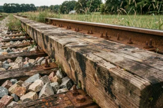 Traverse de chemin de fer en bois vieilli avec texture grain visible, taches de créosote et fissures dues à l'usure, posée sur un ballast de gravier en campagne française