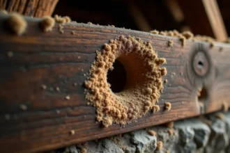 Gros plan sur des trous de sortie et de la sciure laissés par des capricornes des maisons dans une poutre en chêne