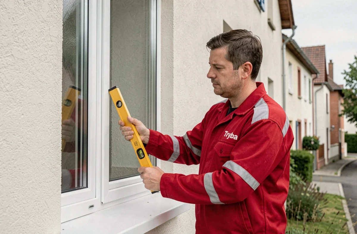 Technicien Tryba Dole en uniforme installant une fenêtre PVC blanche sur une maison pavillonnaire en Franche-Comté