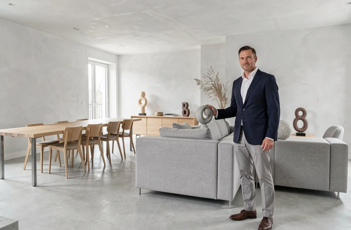 Intérieur contemporain épuré conçu par Uchronia dans un appartement parisien avec micro-ciment et chêne fumé