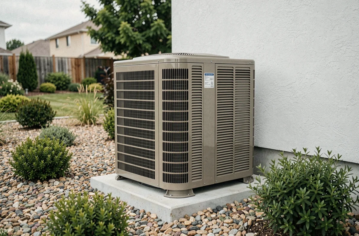 Unité extérieure d'une pompe à chaleur air-air installée dans un jardin résidentiel