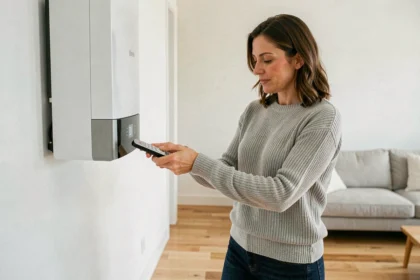 Femme utilisant la télécommande de sa pompe à chaleur air-air dans un salon moderne