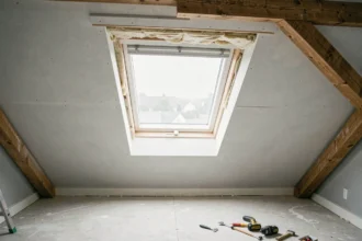 Fenêtre de toit Velux 55x78 installée dans un comble aménagé avec isolation visible sur les bords du cadre
