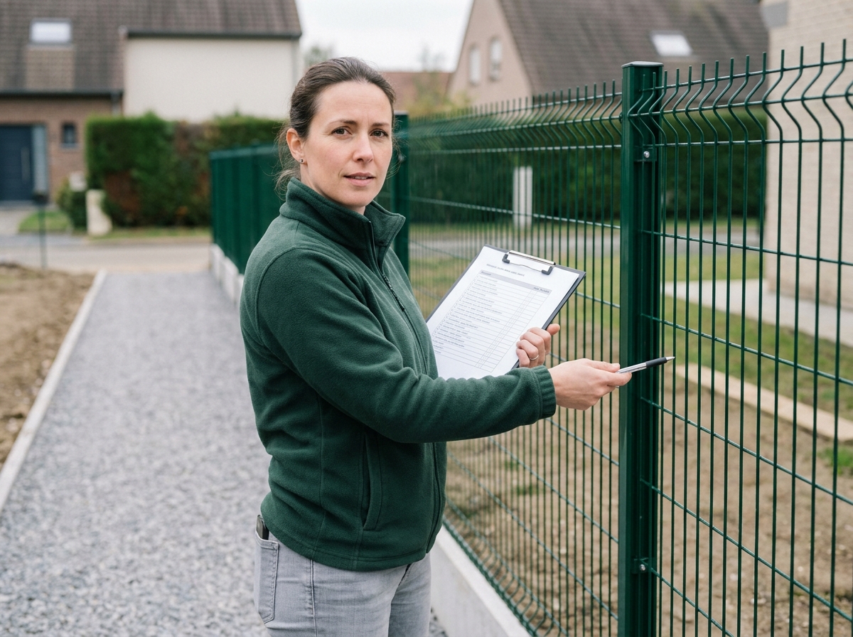 Femme tenant un pense-bête devant une clôture en grillage rigide vert nouvellement posée, vérifiant les points essentiels avant achat