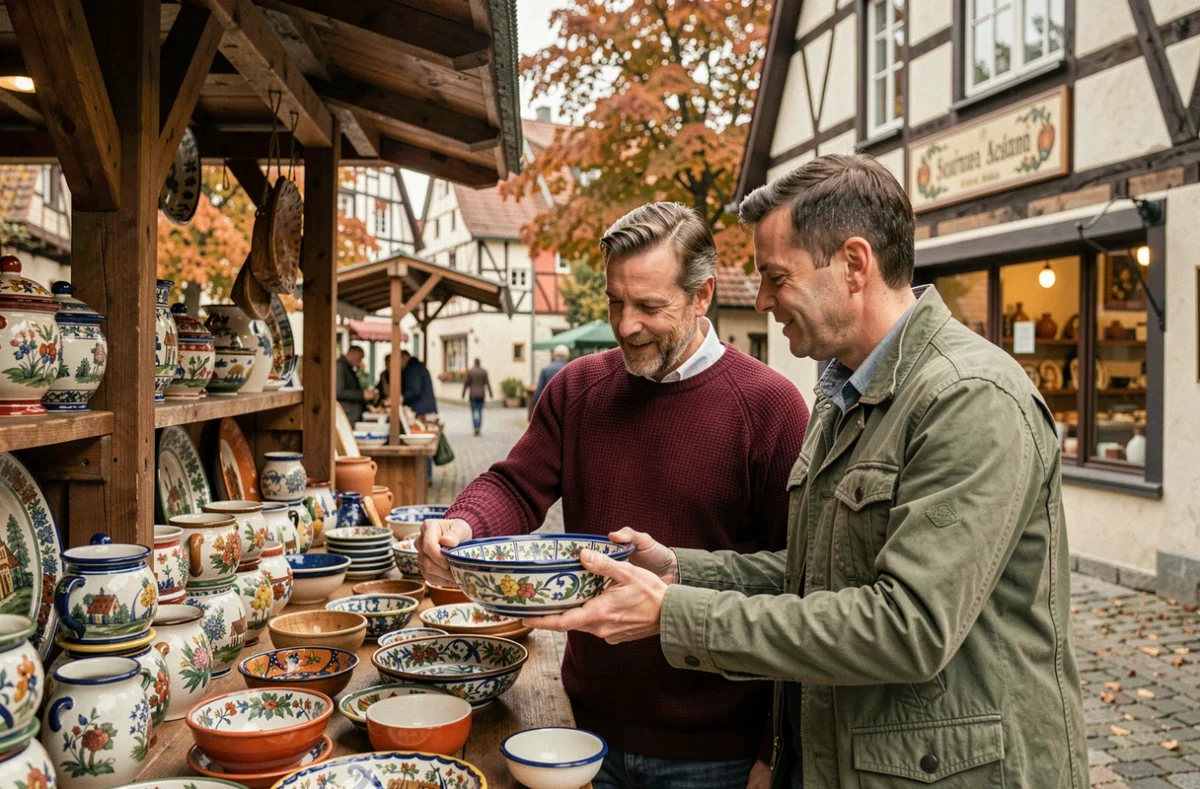 Couple de visiteurs découvrant les poteries artisanales alsaciennes sur un étal de marché à Soufflenheim en automne