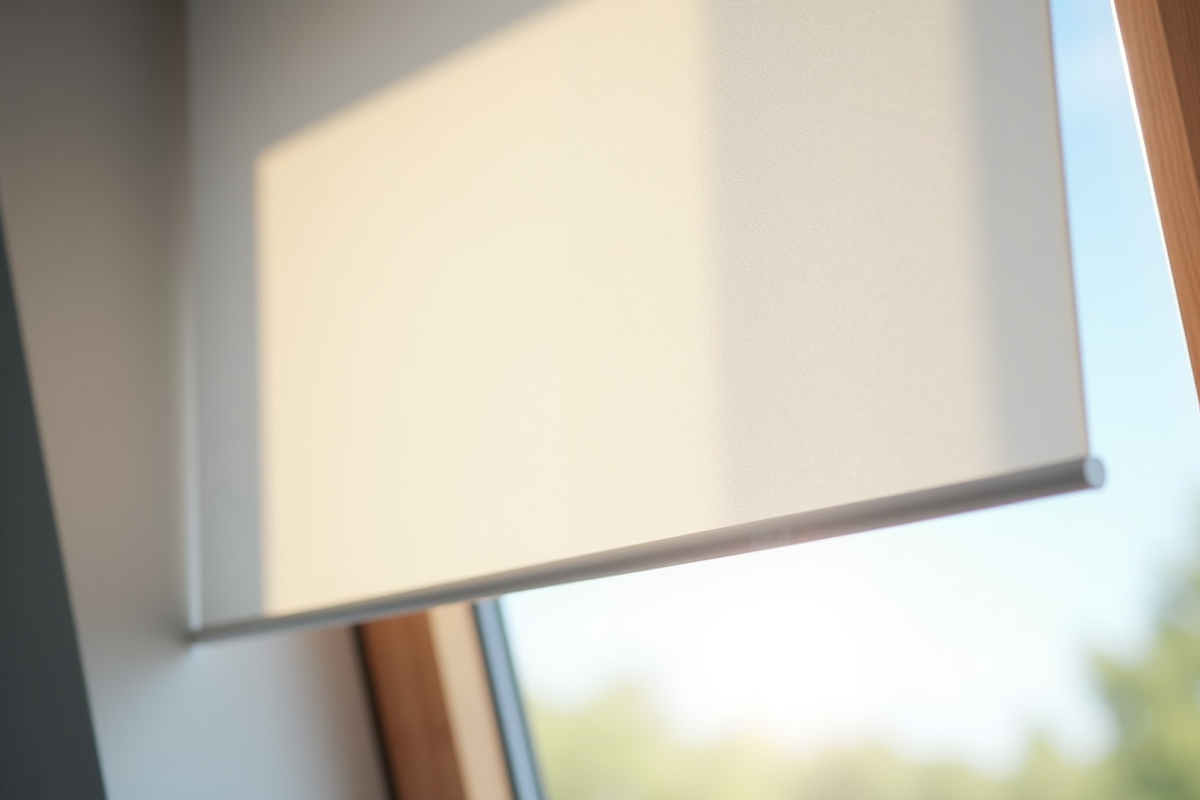 Zoom sur un volet Velux S06 propre et lumineux avec ciel extérieur